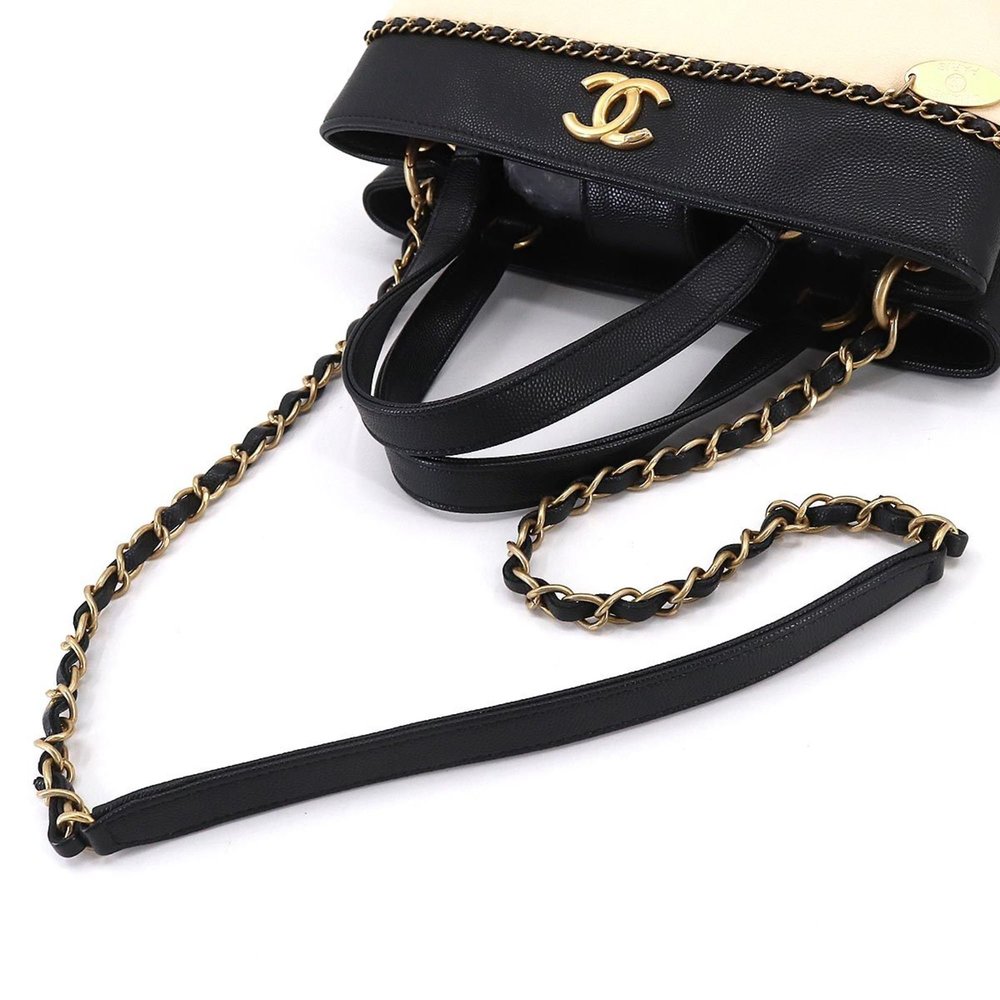 CHANEL 2way hand chain shoulder bag caviar skin leather beige black Hand Shou... - Picture 5 of 10